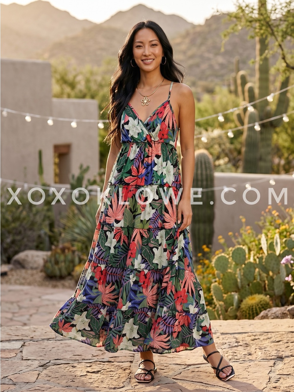 Angie Black Tropical Floral Maxi Dress | Boho Resort Vacation | Empire Waist